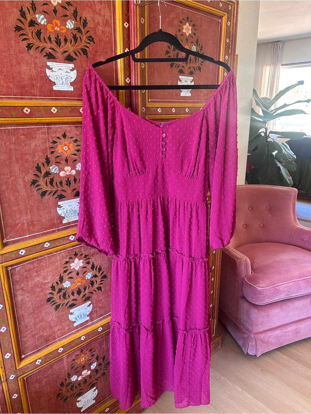 J. Crew Magenta Off-Shoulder Tiered Maxi Dress